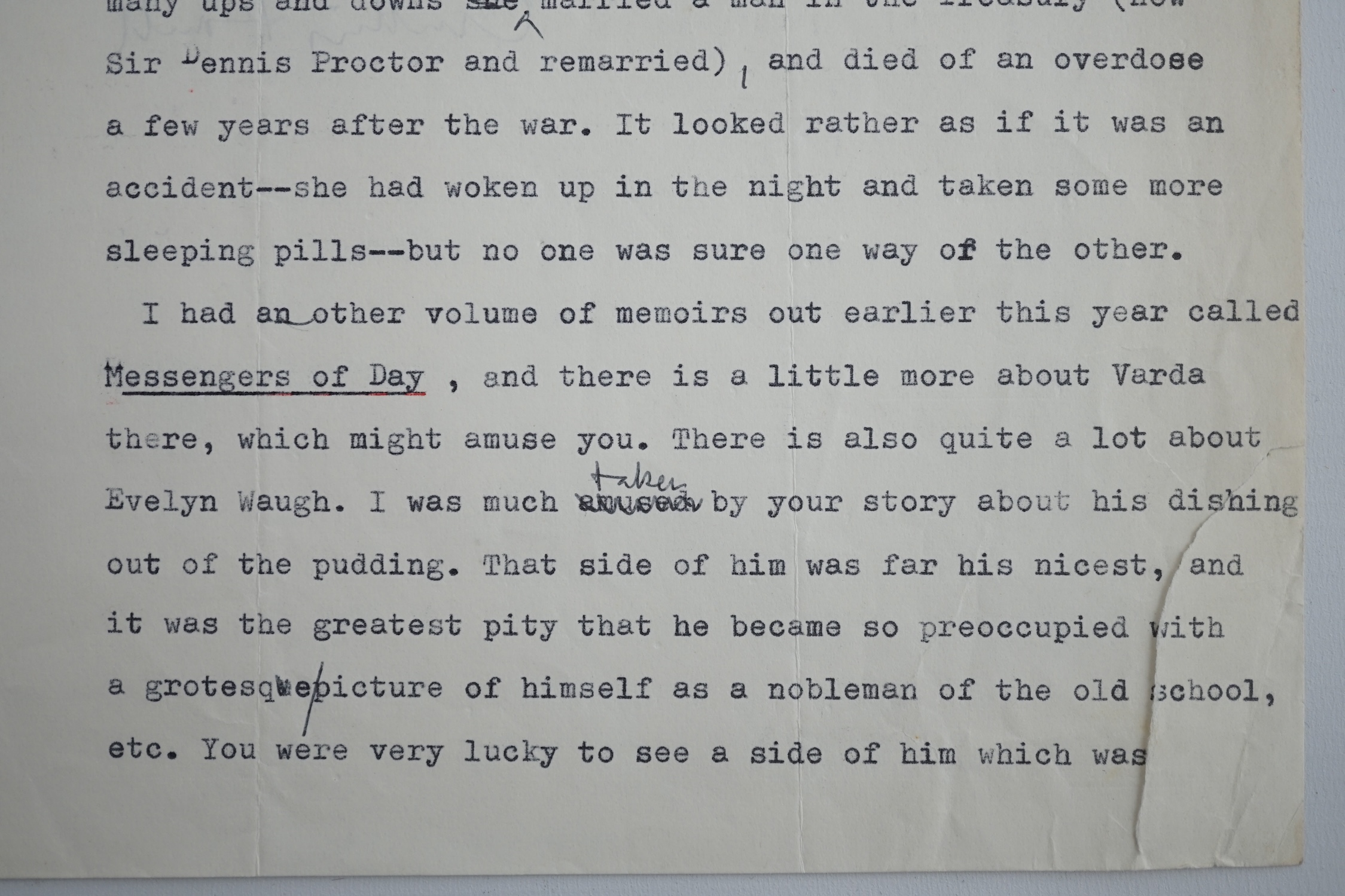 Anthony Powell (1905-2000). Typed letter with handwritten amendments and full signature, to a Mrs Hoyle, 7 December 1978. Discusses Infants of the Spring (1976), Messengers of Day (1978)